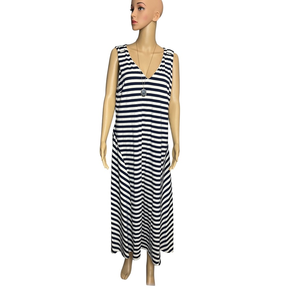 BLACK LABE Lauren Ralph Lauren Stripe Sleeveless V Neck Maxi Dress Navy White 14